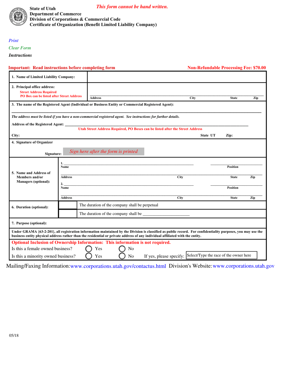 Certificate of Organization (Benefit Limited Liability Company) - Utah, Page 1