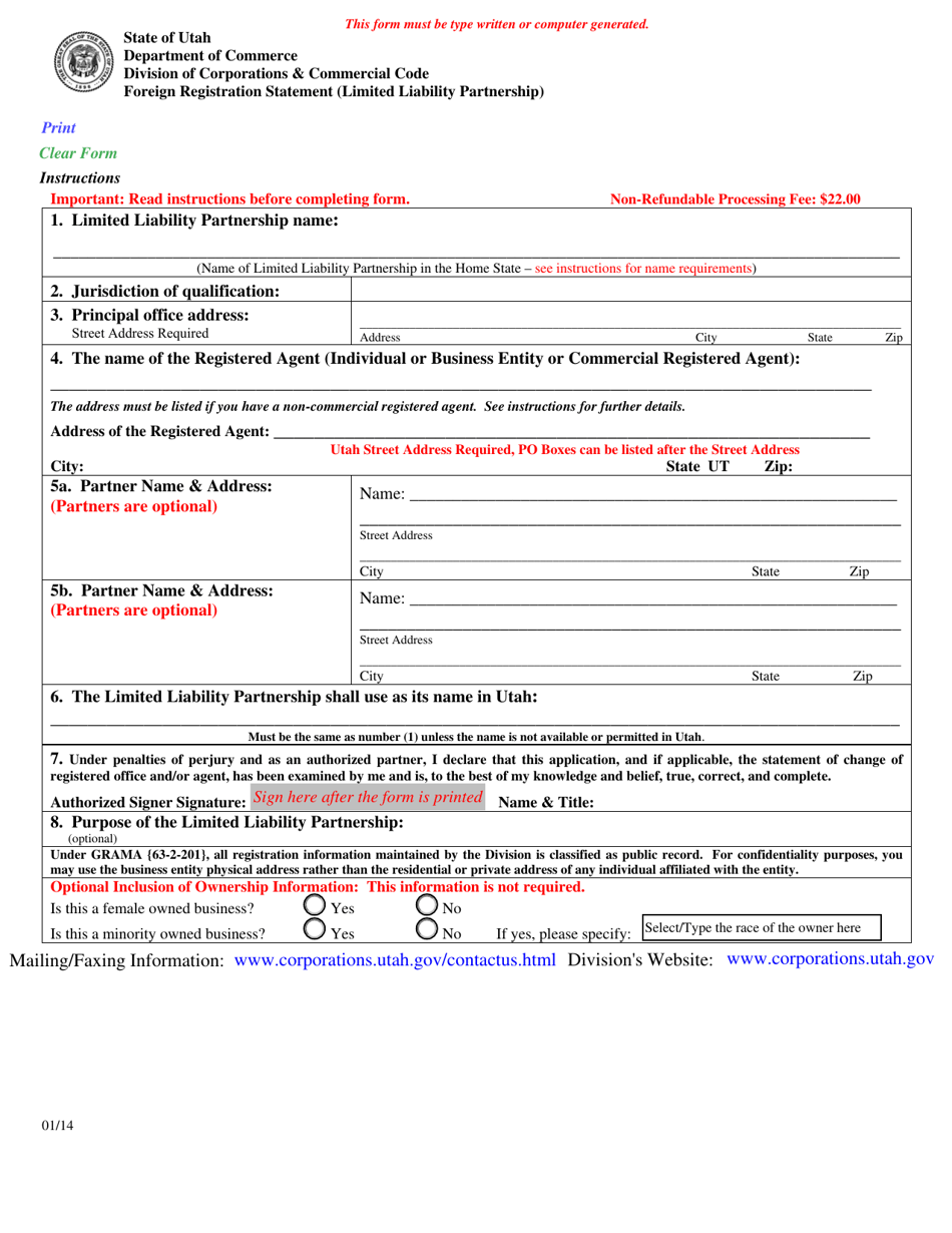 Foreign Registration Statement (Limited Liability Partnership) - Utah, Page 1