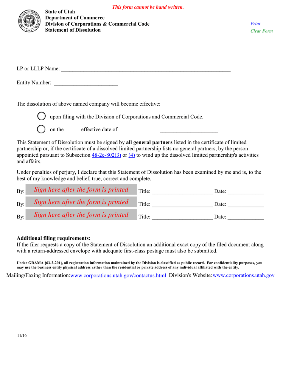 Utah Statement Of Dissolution - Fill Out, Sign Online And Download PDF ...