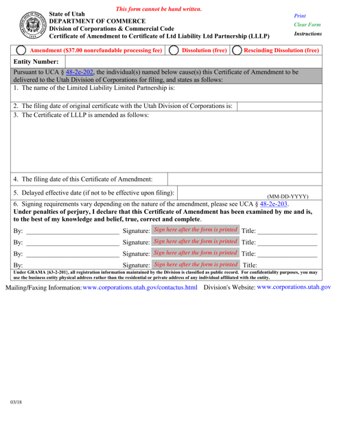 Certificate of Amendment to Certificate of Ltd Liability Ltd Partnership (Lllp) - Utah Download Pdf