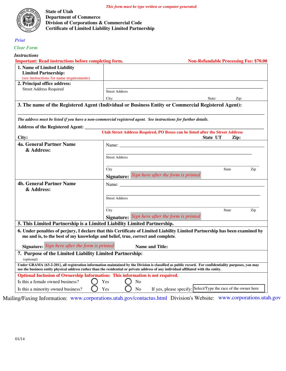 Certificate of Limited Liability Limited Partnership - Utah, Page 1