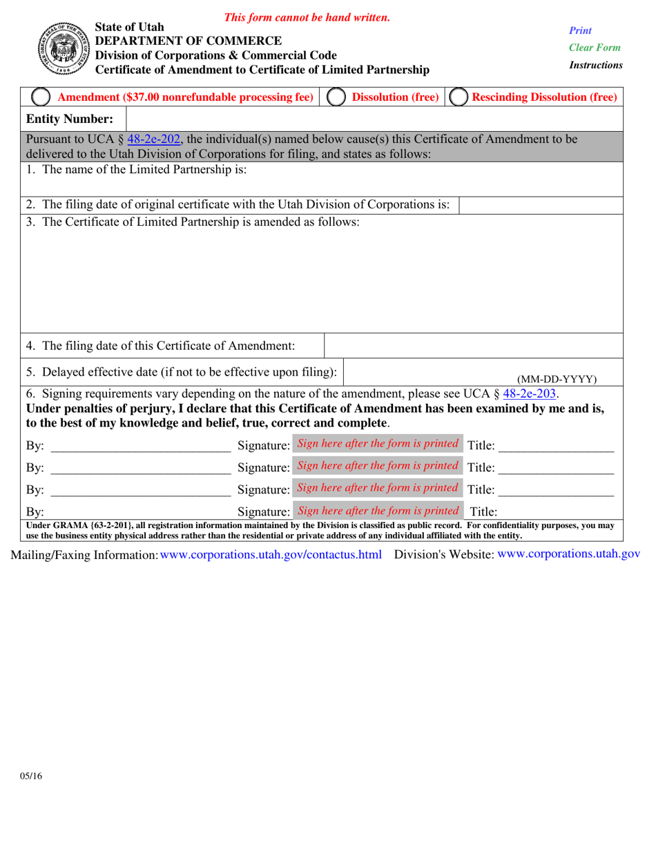 Certificate of Amendment to Certificate of Limited Partnership - Utah, Page 1