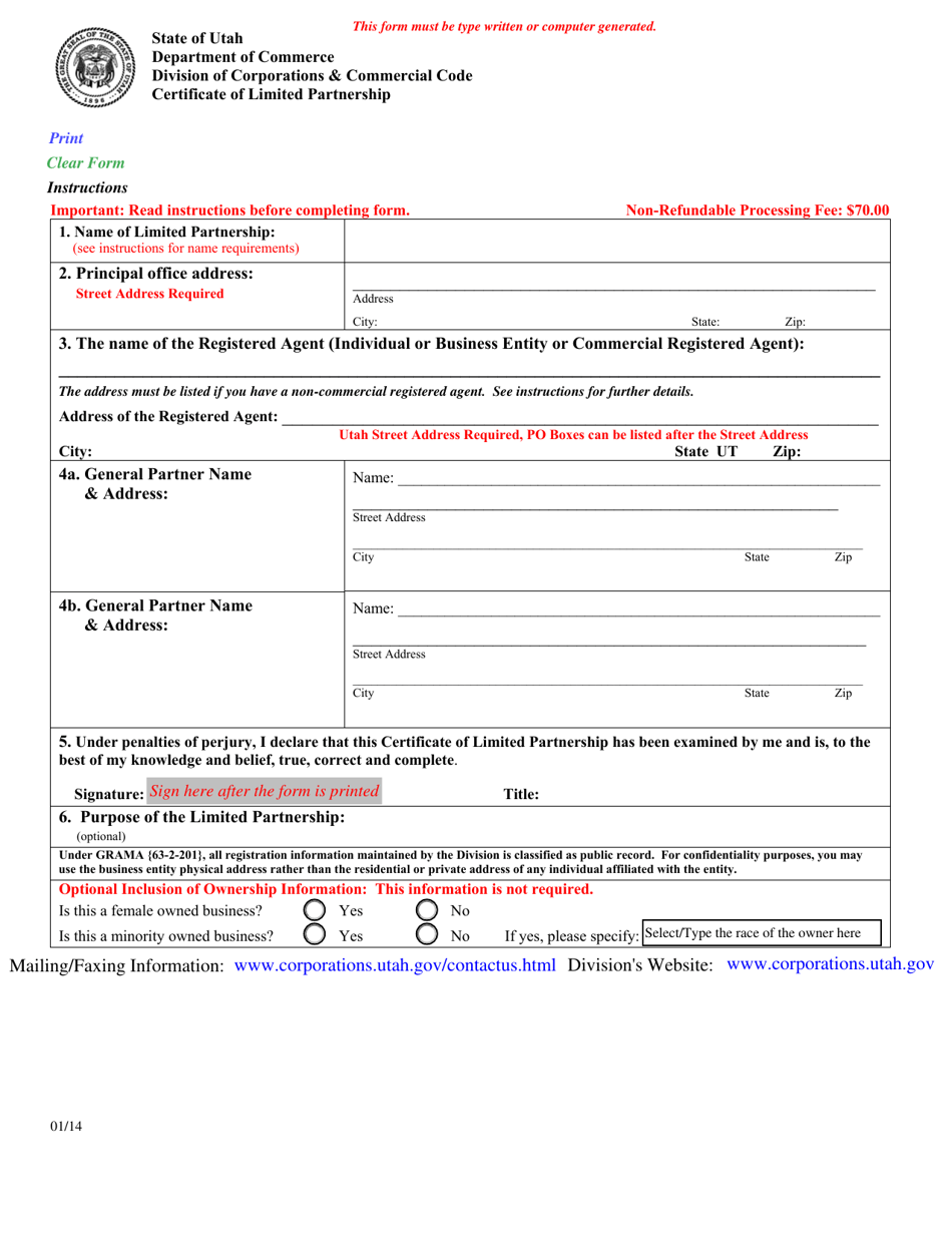 Certificate of Limited Partnership - Utah, Page 1