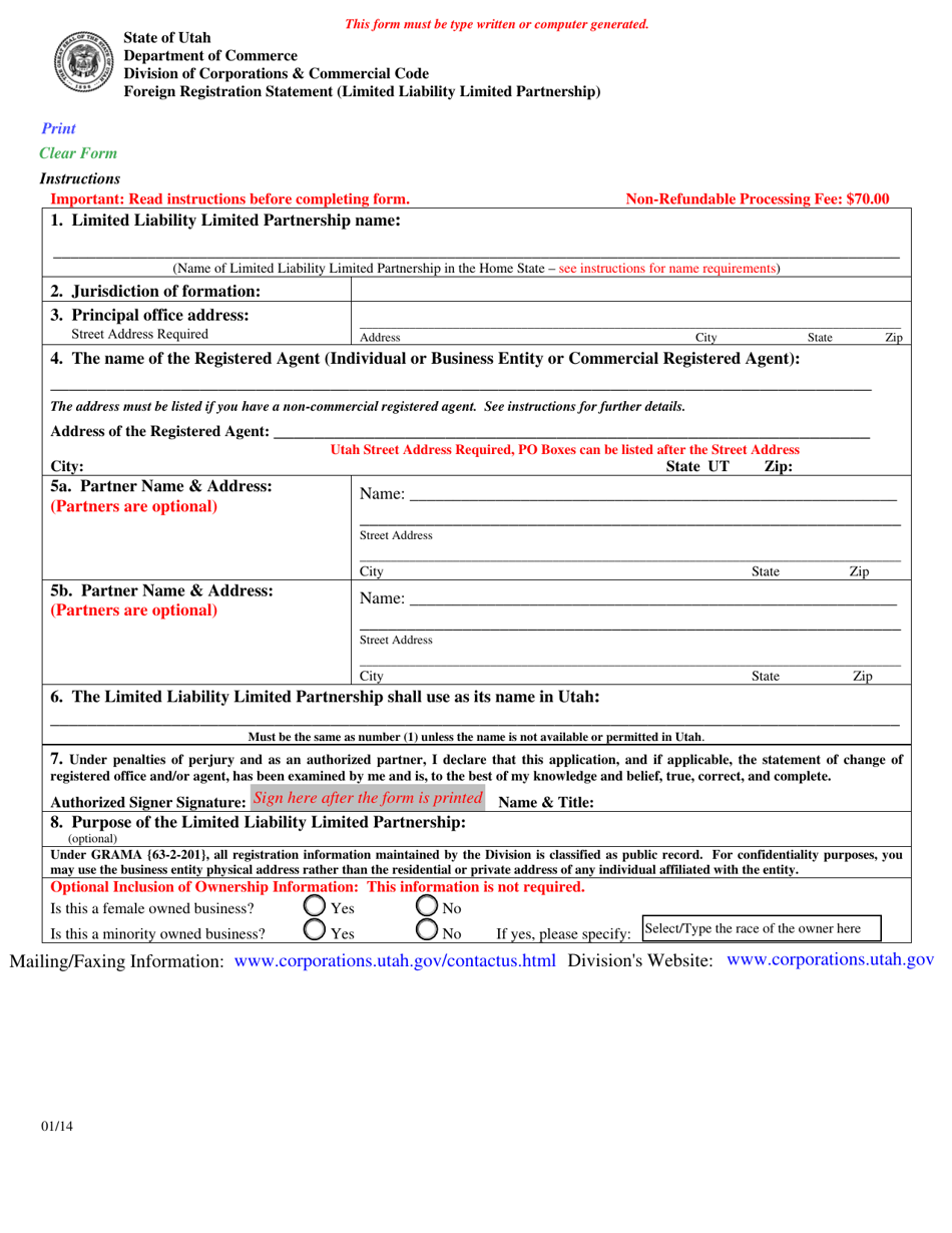 Foreign Registration Statement (Limited Liability Limited Partnership) - Utah, Page 1