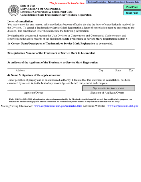 Cancellation of State Trademark or Service Mark Registration - Utah