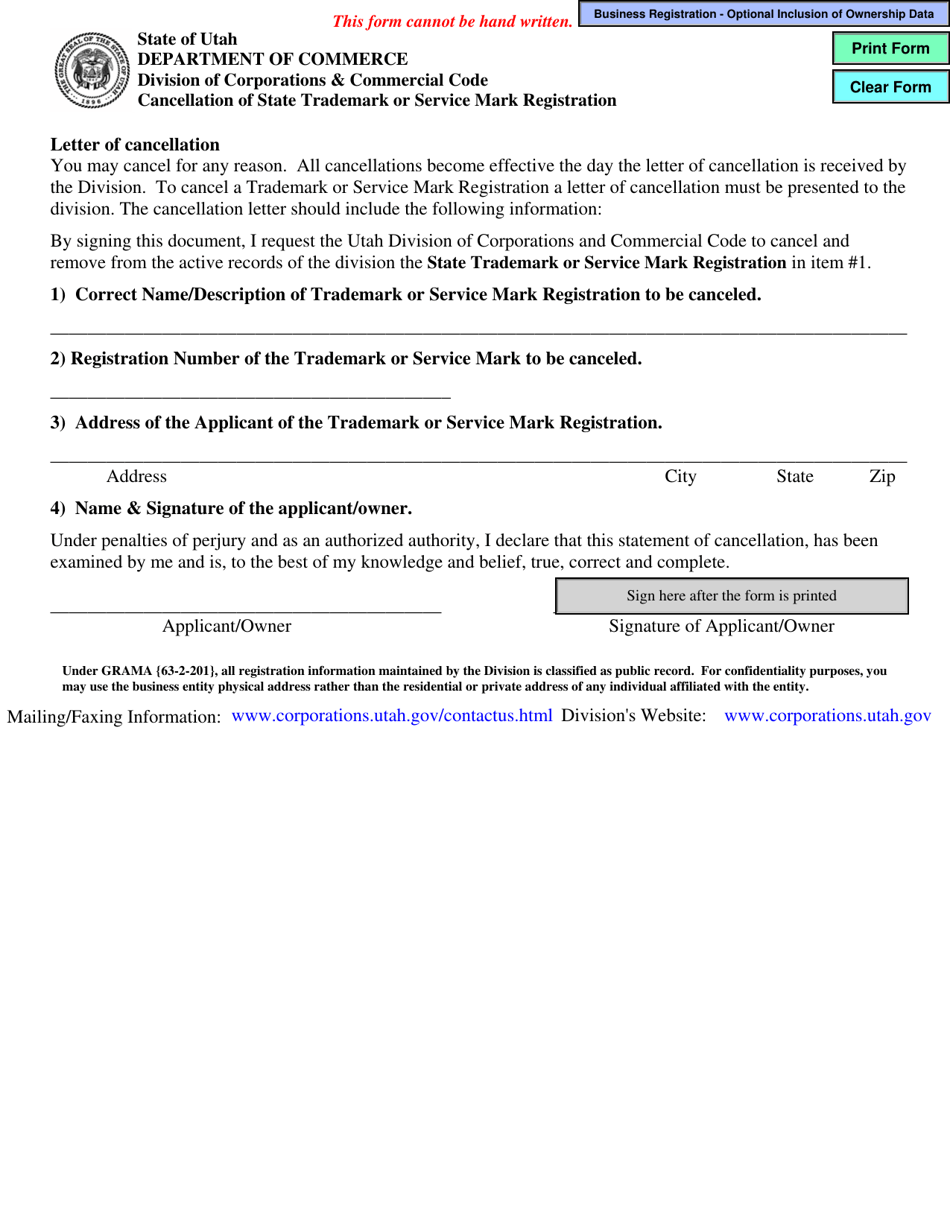 Cancellation of State Trademark or Service Mark Registration - Utah, Page 1
