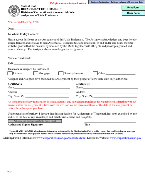 Assignment of Utah Trademark - Utah Download Pdf