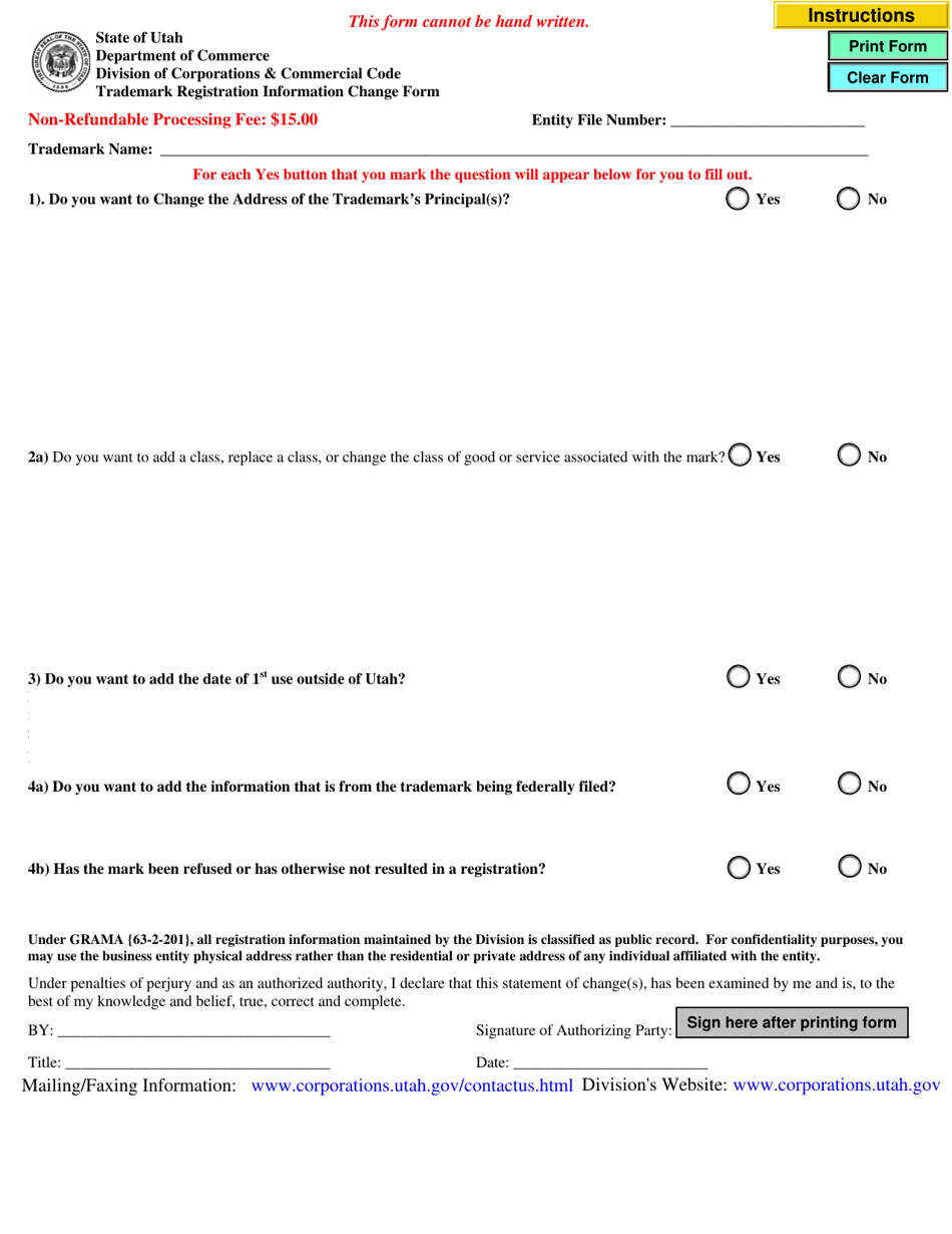 Trademark Registration Information Change Form - Utah, Page 1