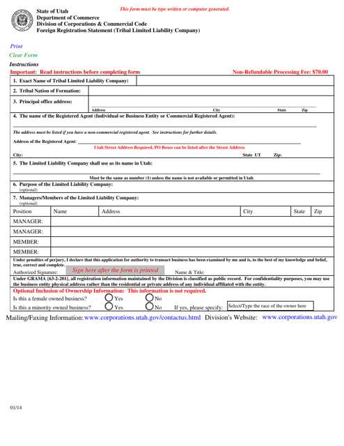 Foreign Registration Statement (Tribal Limited Liability Company) - Utah Download Pdf