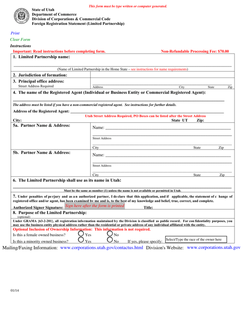 Foreign Registration Statement (Limited Partnership) - Utah Download Pdf