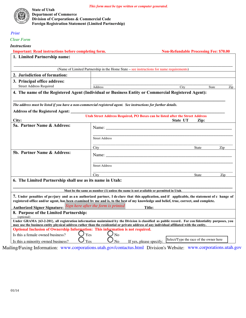 Foreign Registration Statement (Limited Partnership) - Utah, Page 1