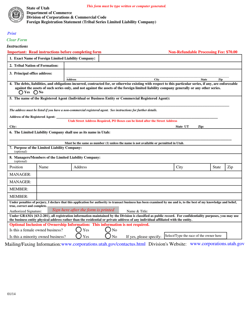 Foreign Registration Statement (Tribal Series Limited Liability Company) - Utah, Page 1