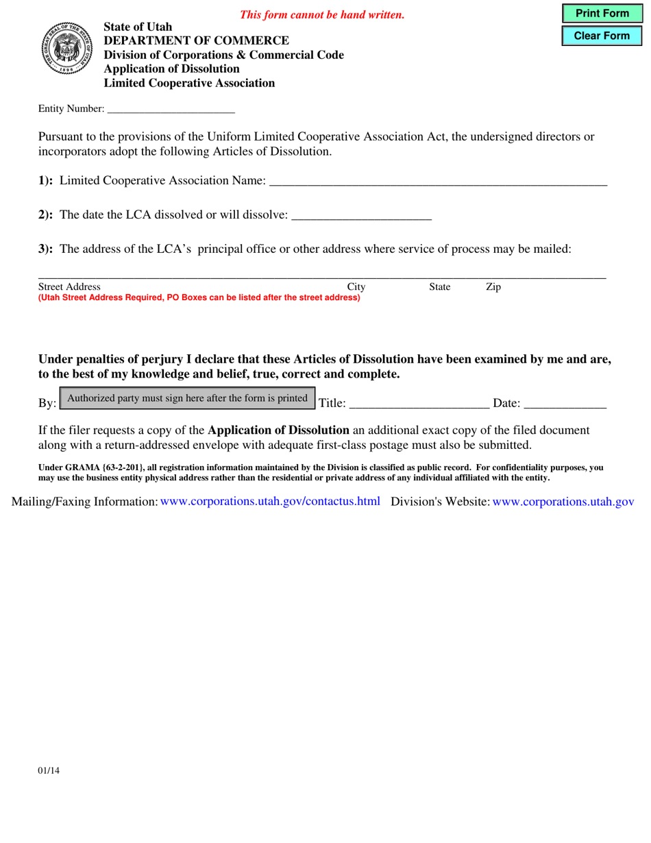 Application of Dissolution - Limited Cooperative Association - Utah, Page 1