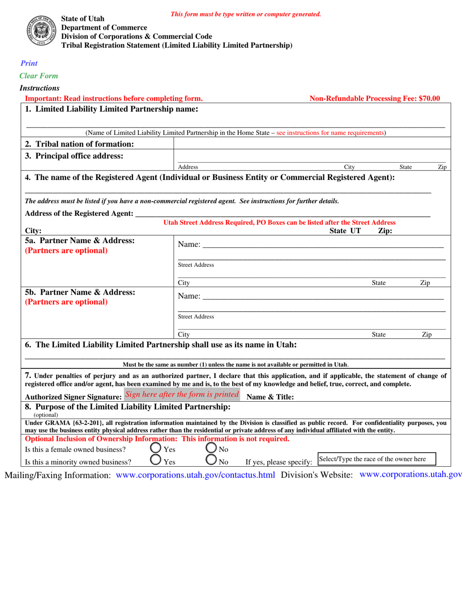 Tribal Registration Statement (Limited Liability Limited Partnership) - Utah, Page 1