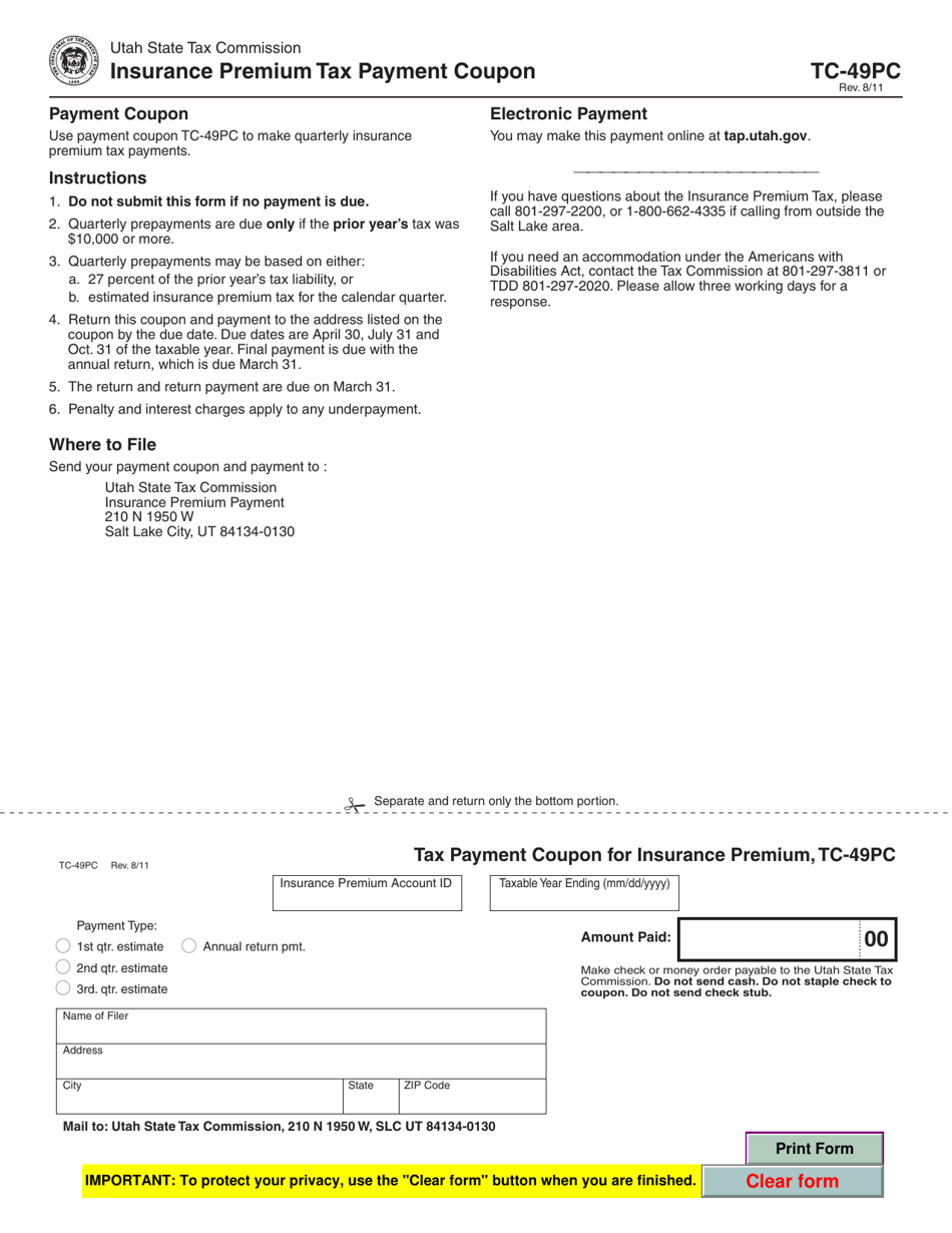 Form TC-49PC Insurance Premium Tax Payment Coupon - Utah, Page 1