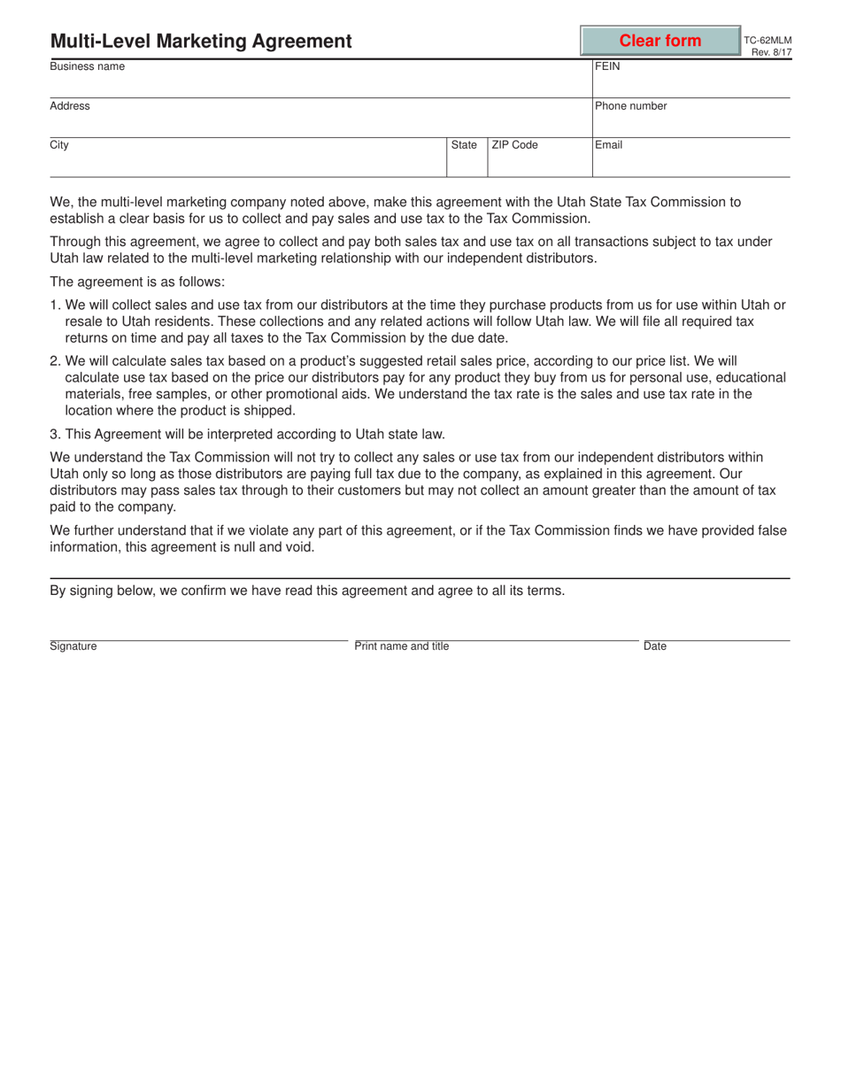 Form TC-62MLM Multi-Level Marketing Agreement - Utah, Page 1