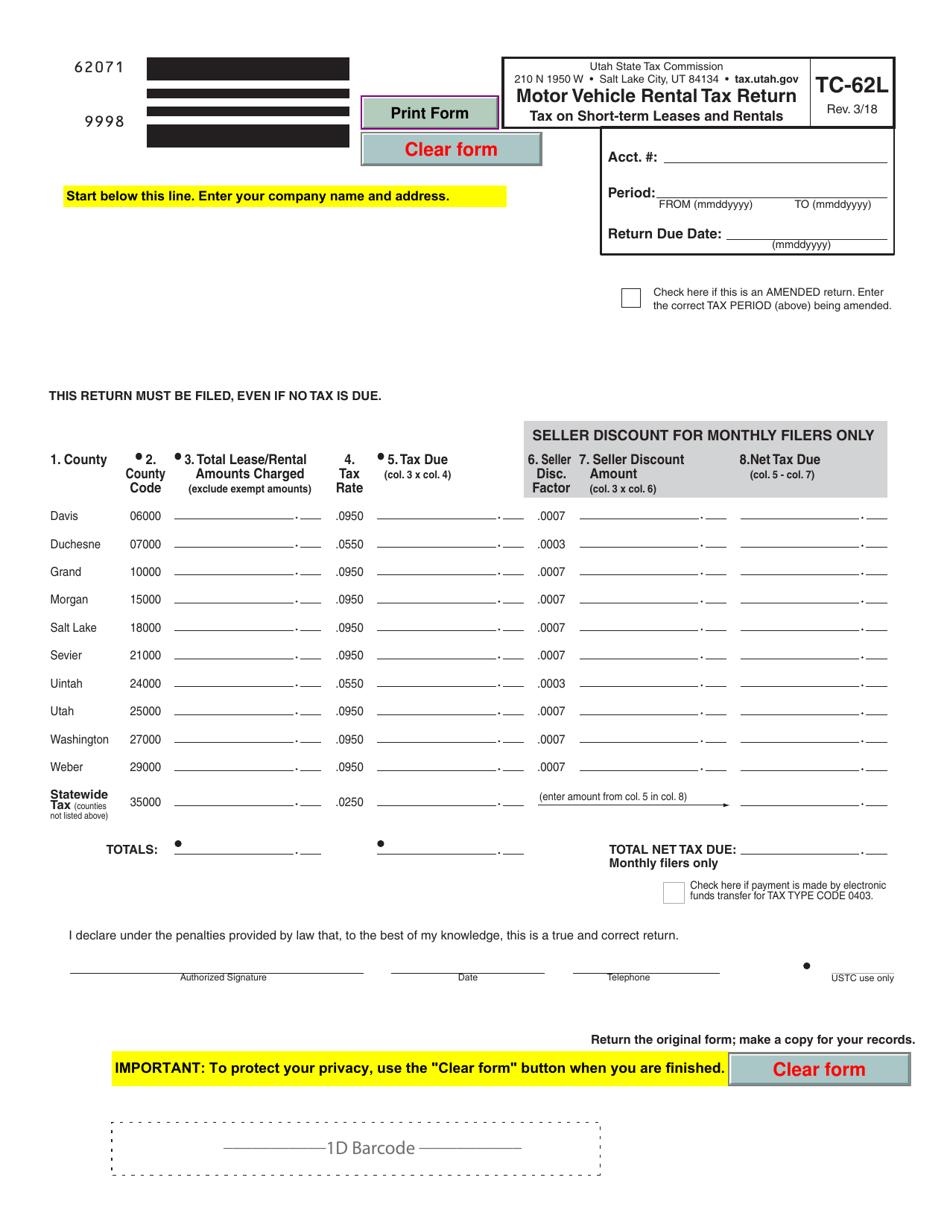 Form TC-62L Motor Vehicle Rental Tax Return - Utah, Page 1