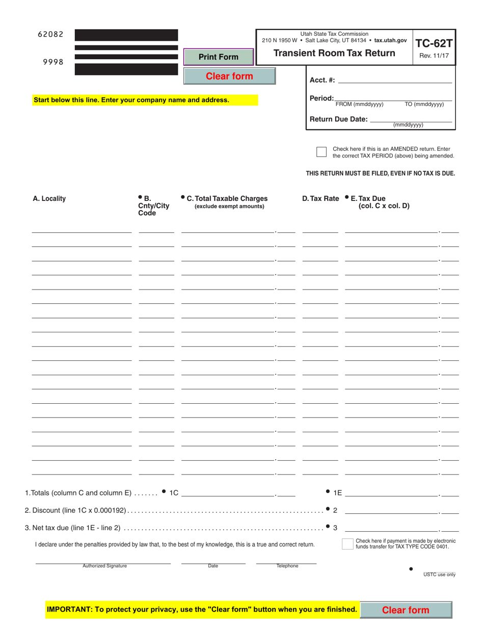 Form TC62T Download Fillable PDF or Fill Online Transient Room Tax