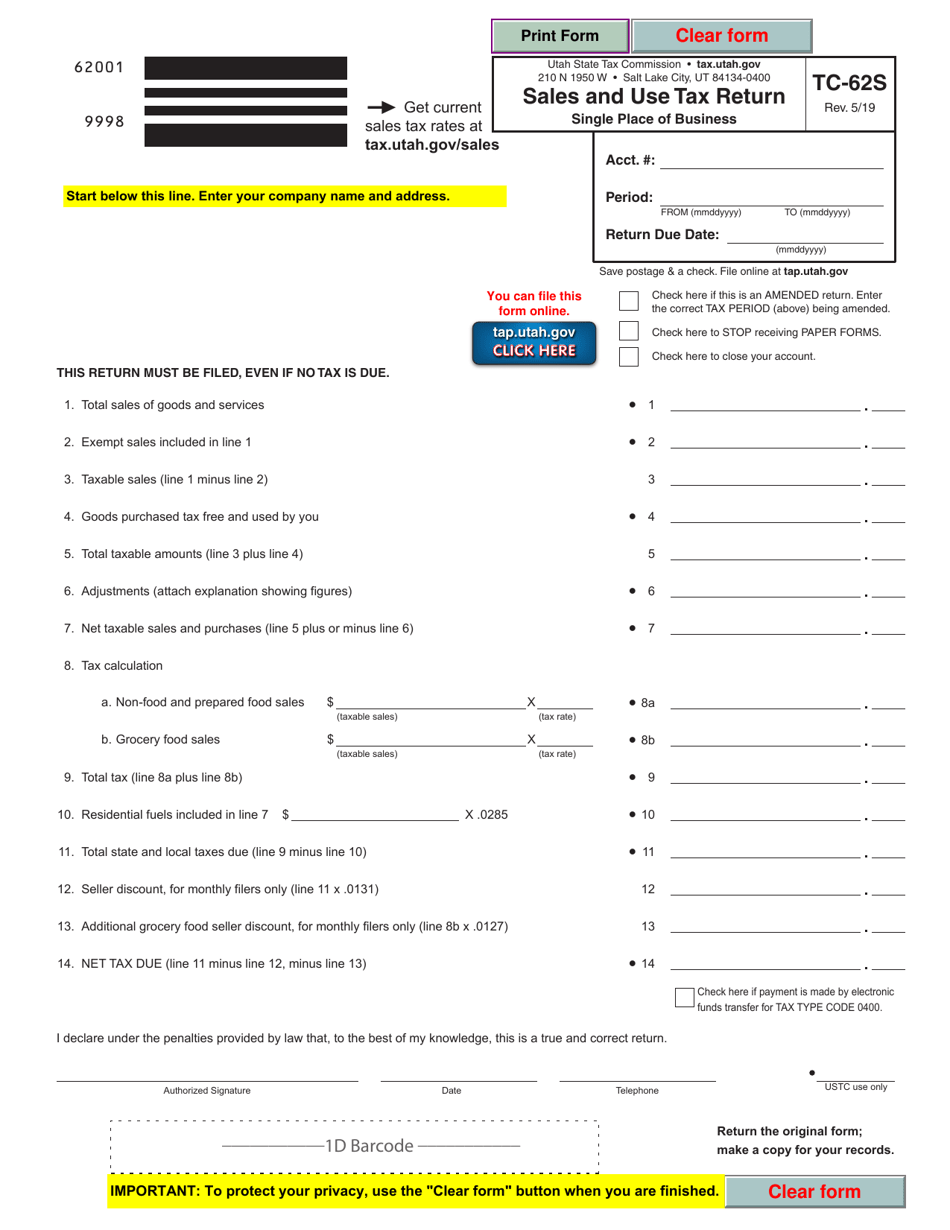 Form TC-62S Sales and Use Tax Return for Single Places of Business - Utah, Page 1