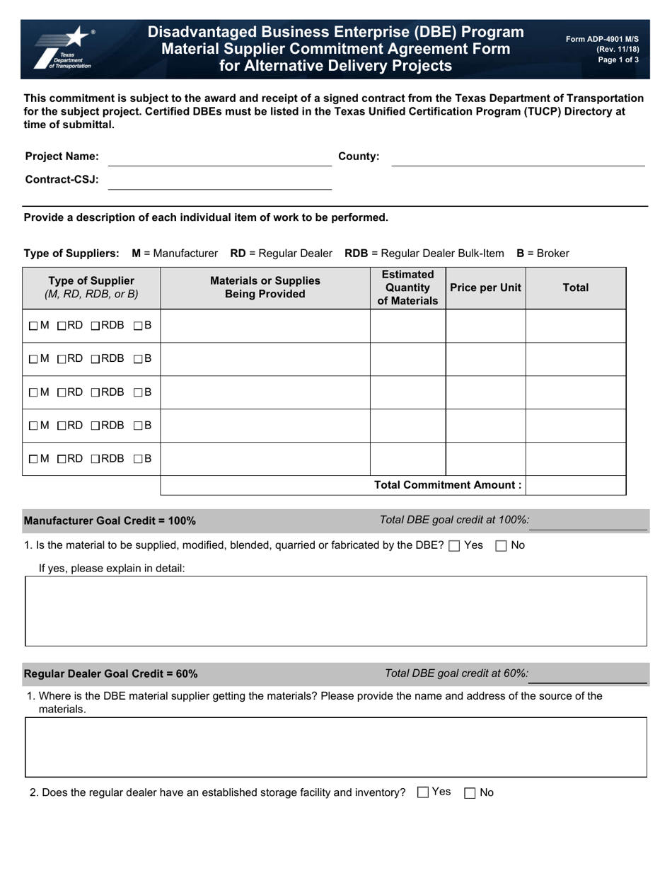 Form ADP-4901 M / S Dbe Program Material Supplier Commitment Agreement Form for Alternative Delivery Projects - Texas, Page 1