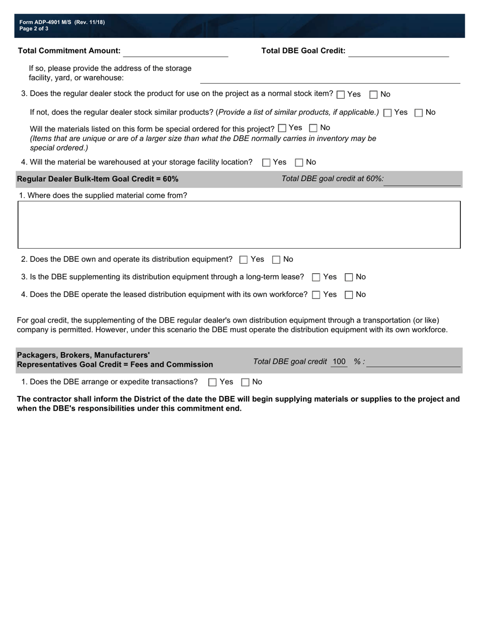 Form ADP-4901 M / S Dbe Program Material Supplier Commitment Agreement Form for Alternative Delivery Projects - Texas, Page 2