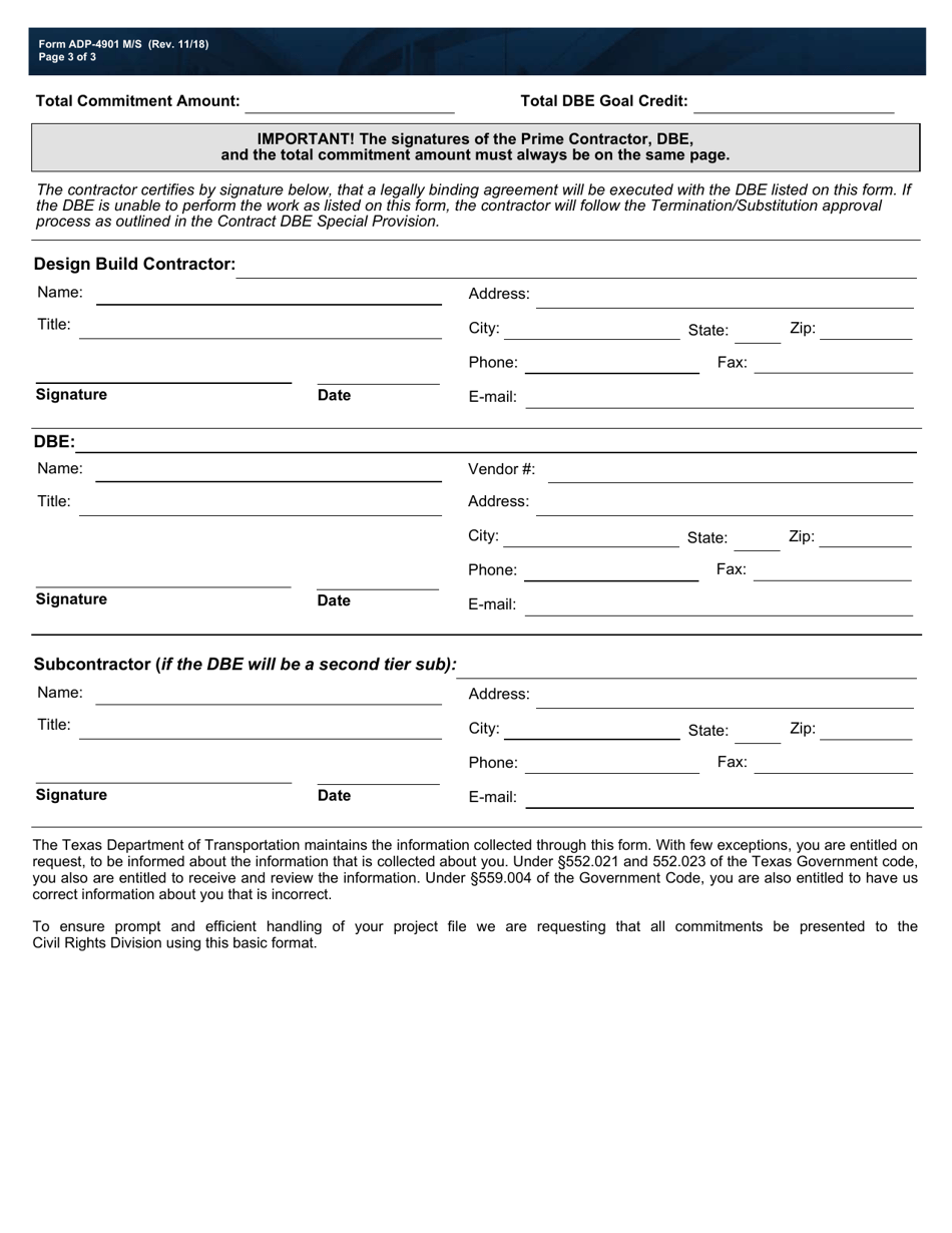 Form ADP-4901 M / S Dbe Program Material Supplier Commitment Agreement Form for Alternative Delivery Projects - Texas, Page 3