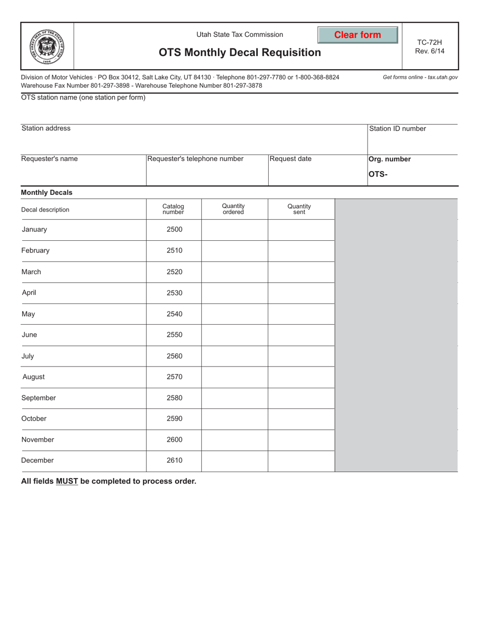 Form TC-72H Ots Monthly Decal Requisition - Utah, Page 1
