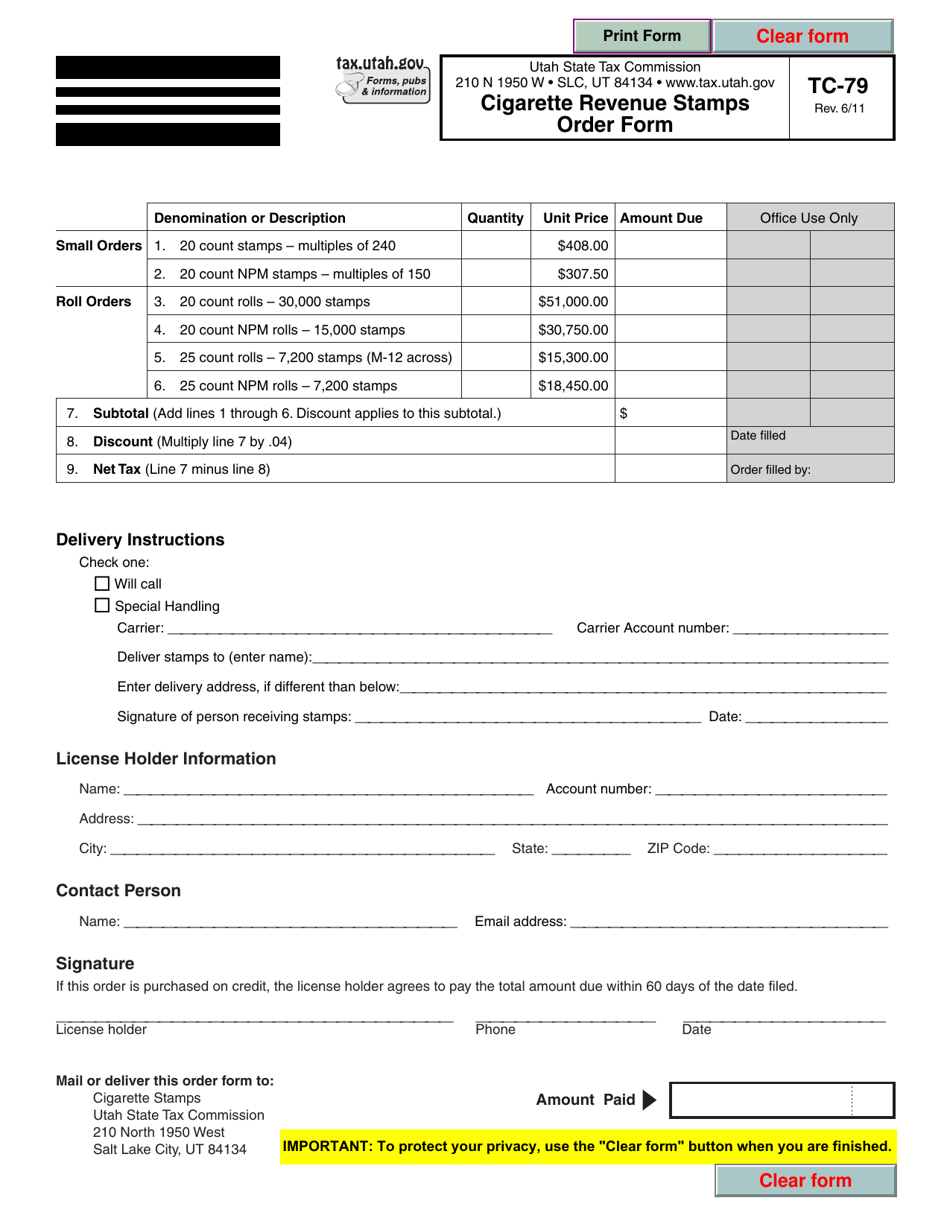 Form TC-79 Cigarette Revenue Stamps Order Form - Utah, Page 1