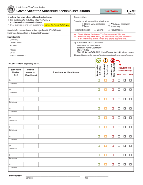 Form TC-99 Cover Sheet for Substitute Forms Submissions - Utah