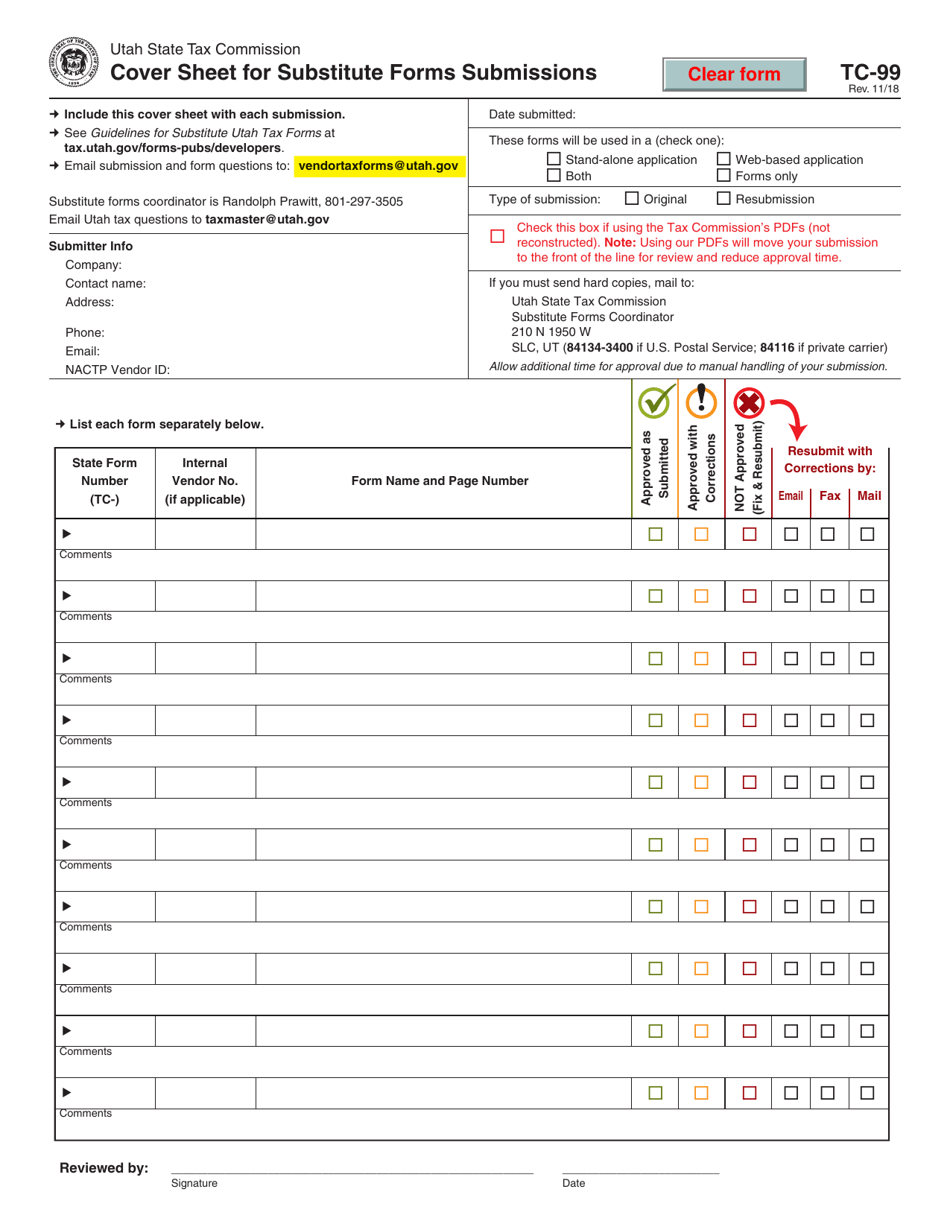 Form TC-99 Cover Sheet for Substitute Forms Submissions - Utah, Page 1