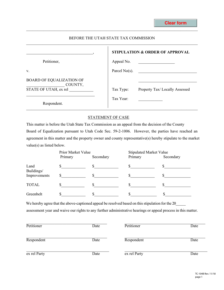 Form TC-104B Stipulation  Order of Approval - Utah, Page 1