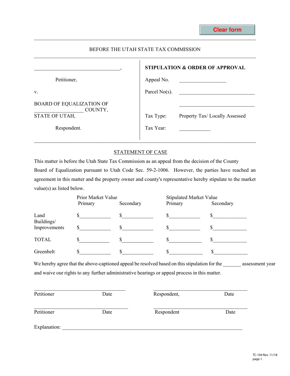 Form TC-104 Stipulation  Order of Approval - Utah, Page 1