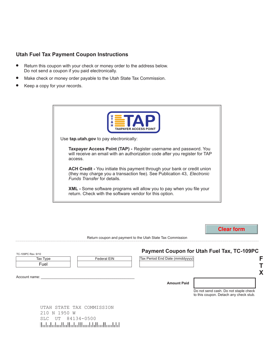 Form TC-109PC Payment Coupon for Utah Fuel Tax - Utah, Page 1