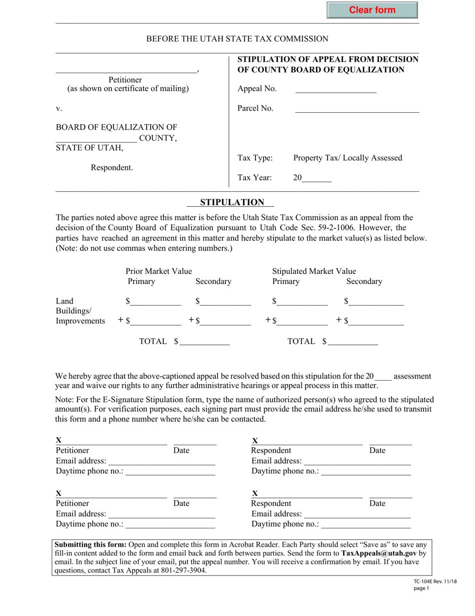 Form Tc-104e Download Fillable Pdf Or Fill Online Stipulation Of Appeal 