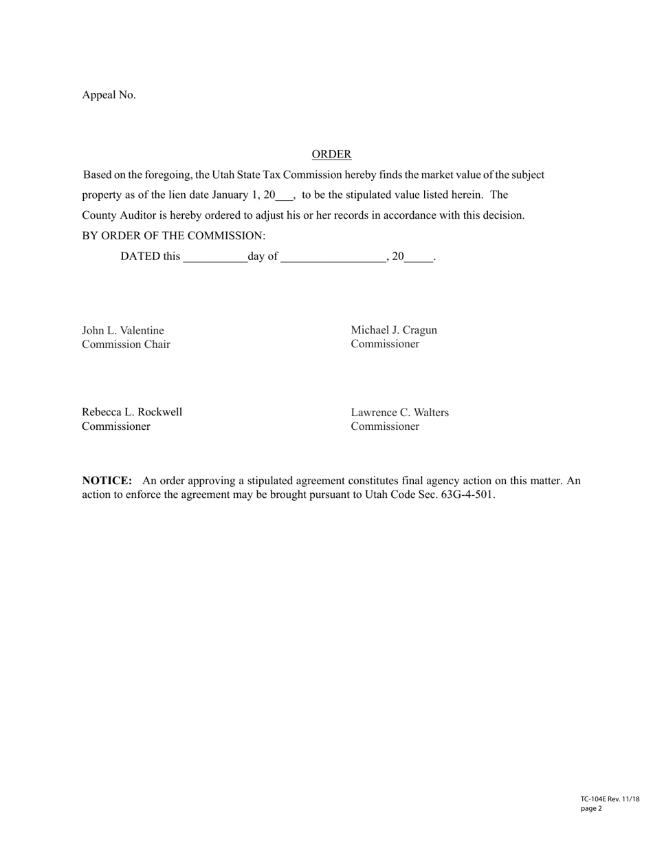 Form TC-104E Stipulation of Appeal From Decision of County Board of Equalization (For Single Parcels) - Utah, Page 2