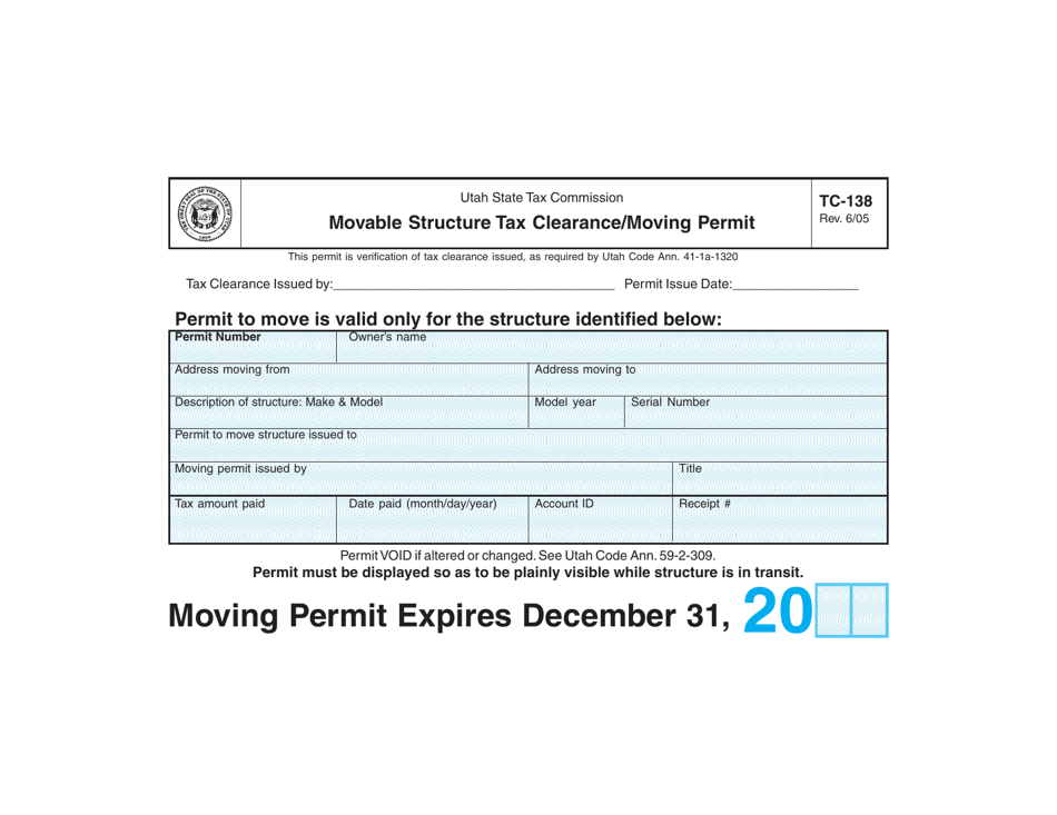 Form TC-138 Movable Structure Tax Clearance / Moving Permit - Utah, Page 1