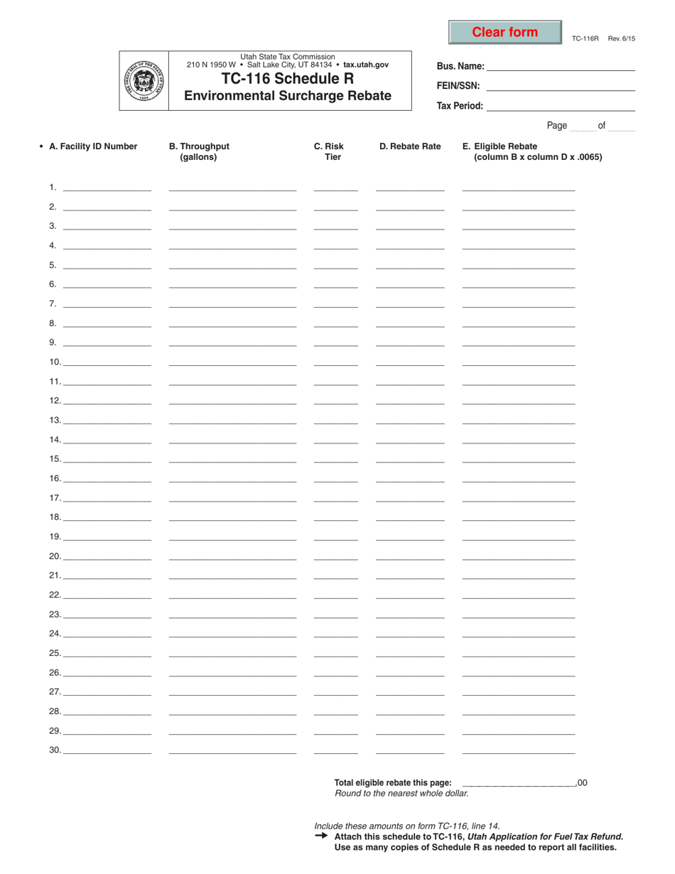 Form TC-116 Schedule R Environmental Surcharge Rebate - Utah, Page 1