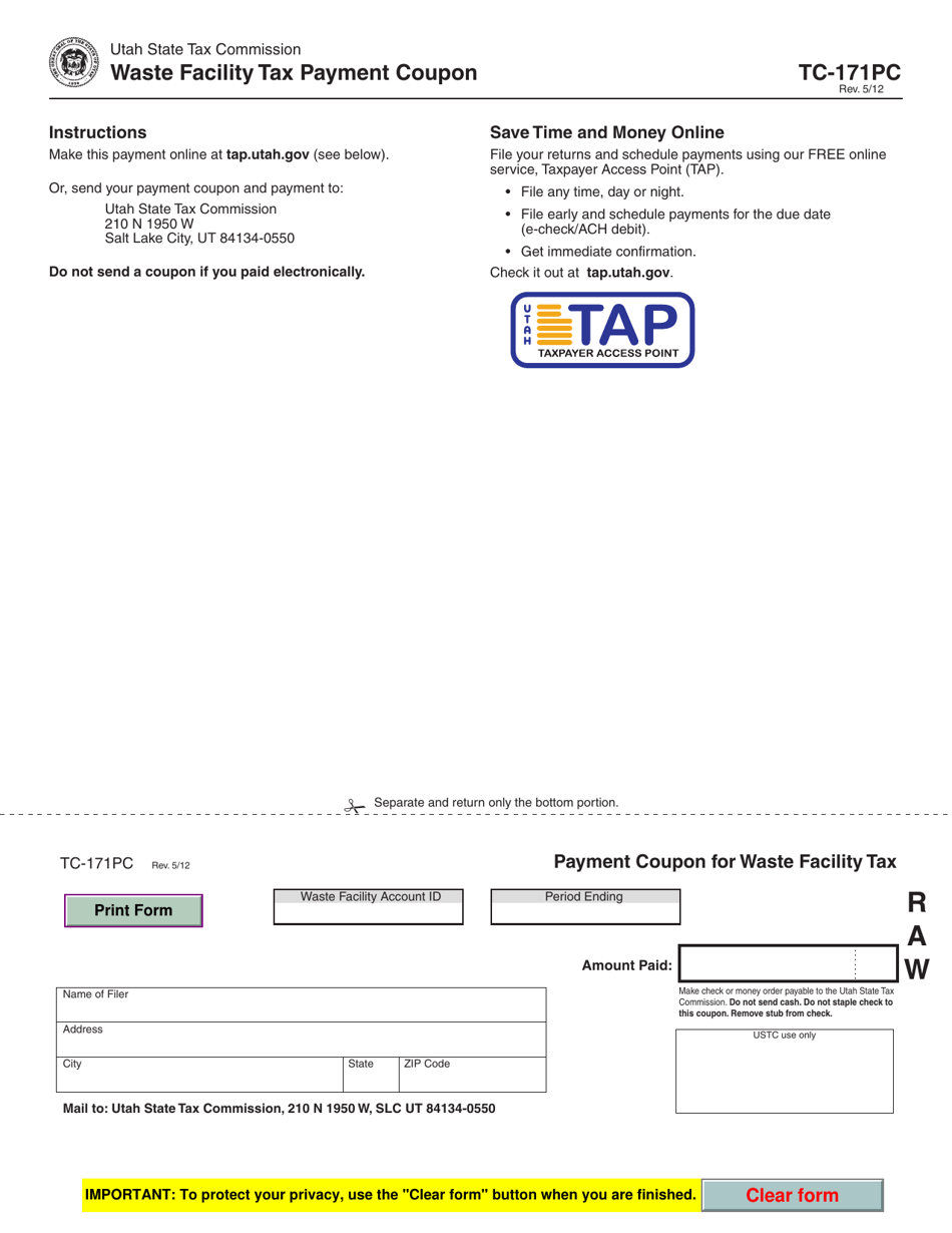 Form TC-171PC Waste Facility Tax Payment Coupon - Utah, Page 1
