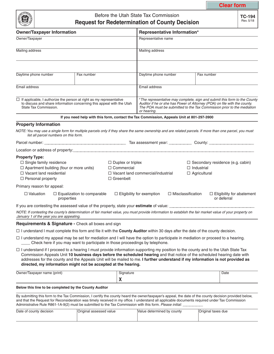 Form TC-194 Request for Redetermination of County Decision - Utah, Page 1