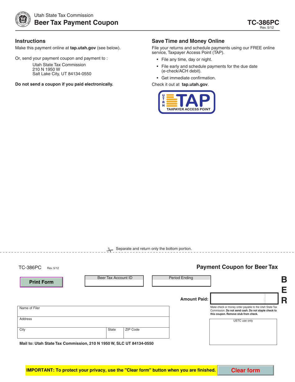 Form TC-386PC Beer Tax Payment Coupon - Utah, Page 1