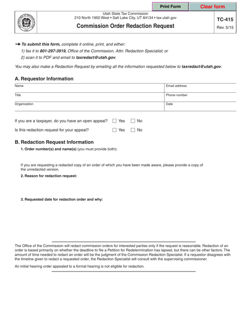 Form TC-415 Commission Order Redaction Request - Utah