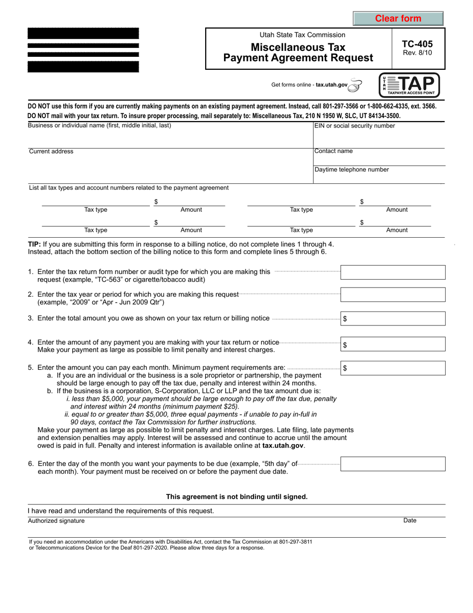 Form TC-405 Miscellaneous Tax Payment Agreement Request - Utah, Page 1