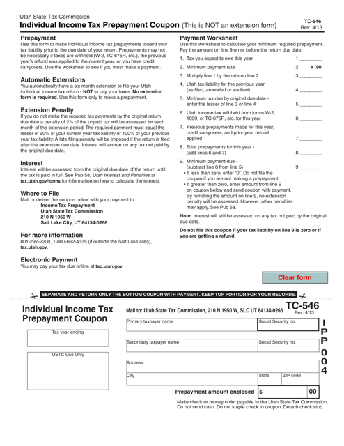 Form TC-546 Individual Income Tax Prepayment Coupon - Utah
