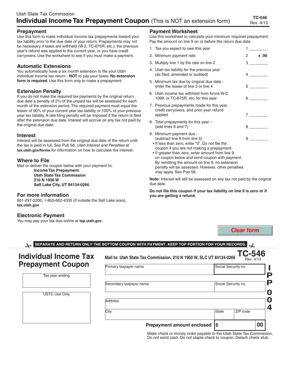 Form TC-546 Individual Income Tax Prepayment Coupon - Utah, Page 1