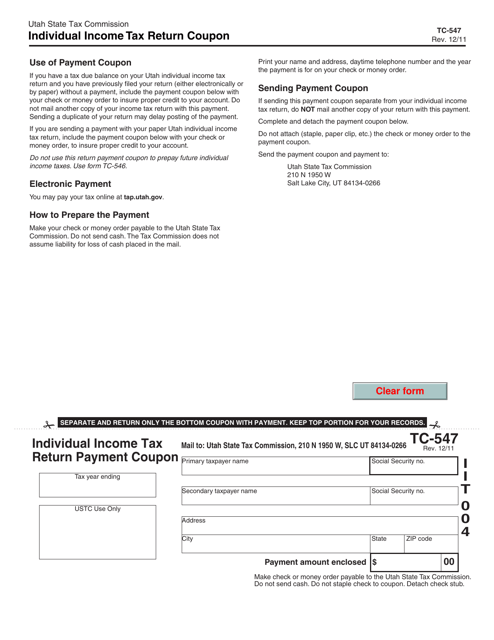 Form TC-547 Individual Income Tax Return Payment Coupon - Utah