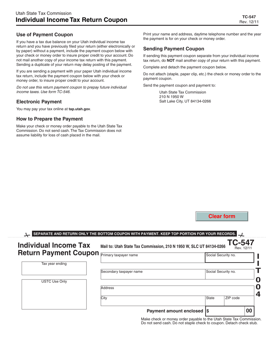 Form TC-547 Individual Income Tax Return Payment Coupon - Utah, Page 1