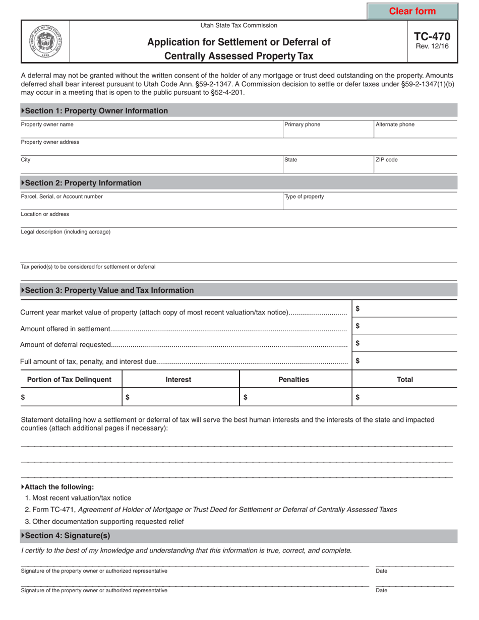 Form TC-470 Application for Settlement or Deferral of Centrally Assessed Property Tax - Utah, Page 1