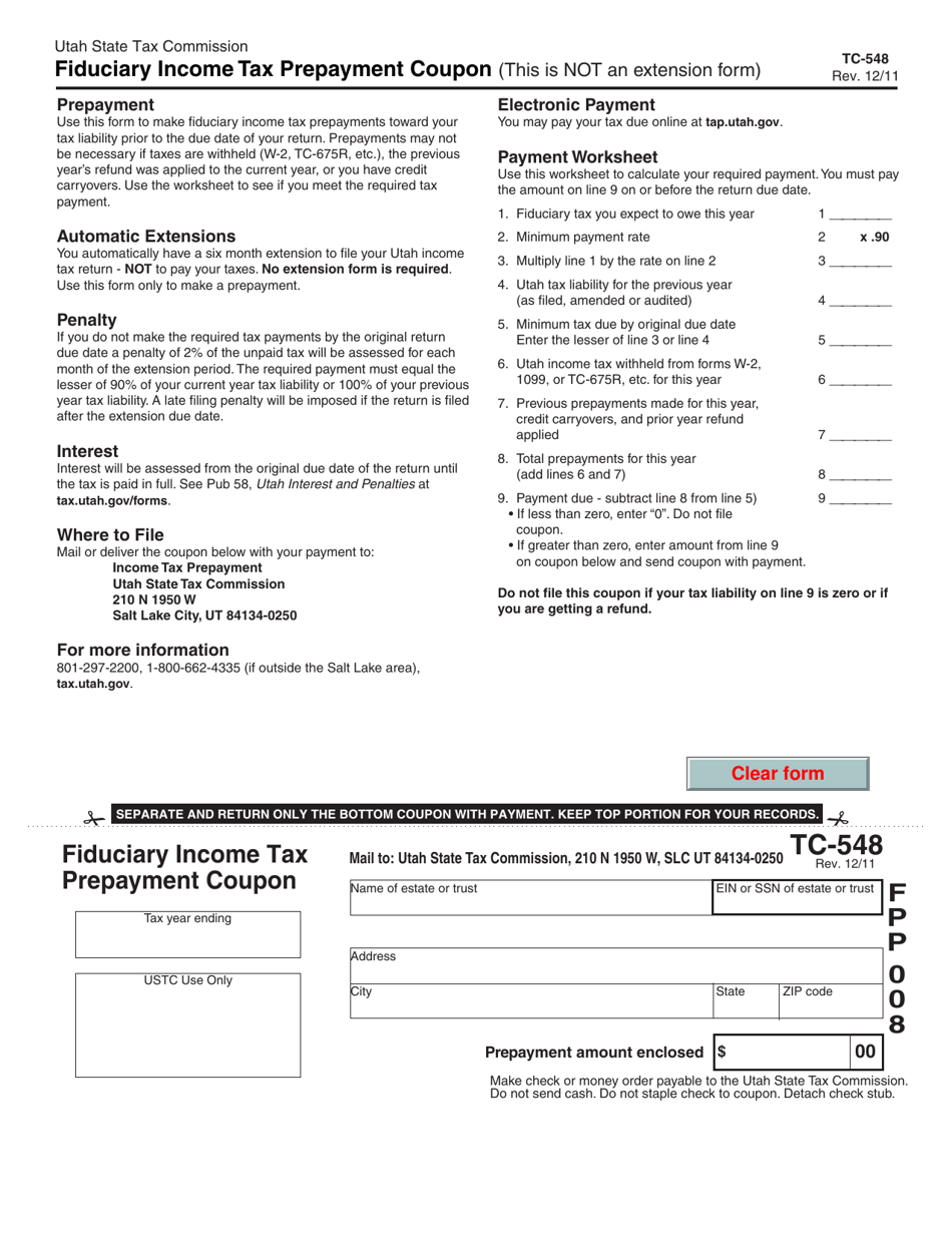 Form TC-548 Fiduciary Income Tax Prepayment Coupon - Utah, Page 1