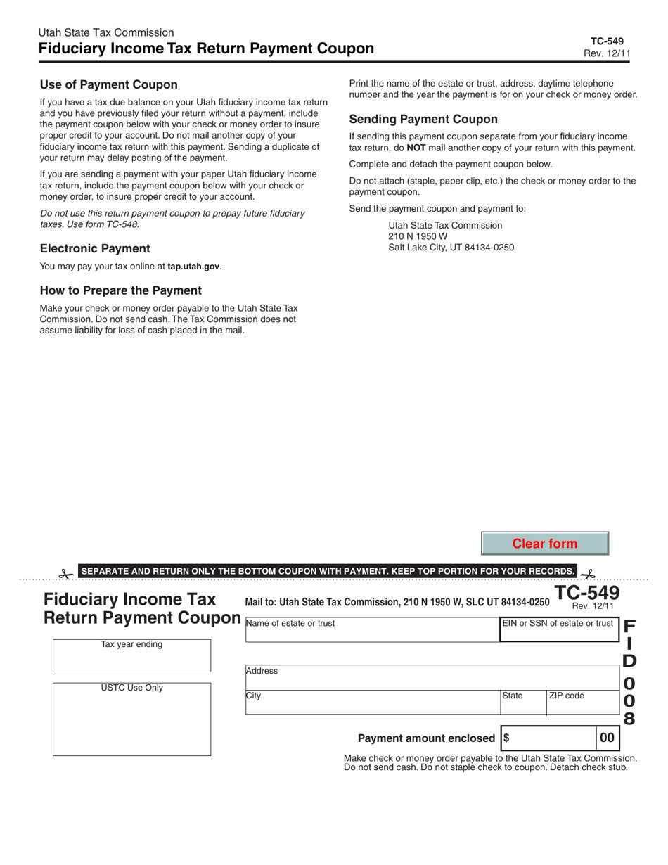 Form TC-549 Fiduciary Income Tax Return Payment Coupon - Utah, Page 1
