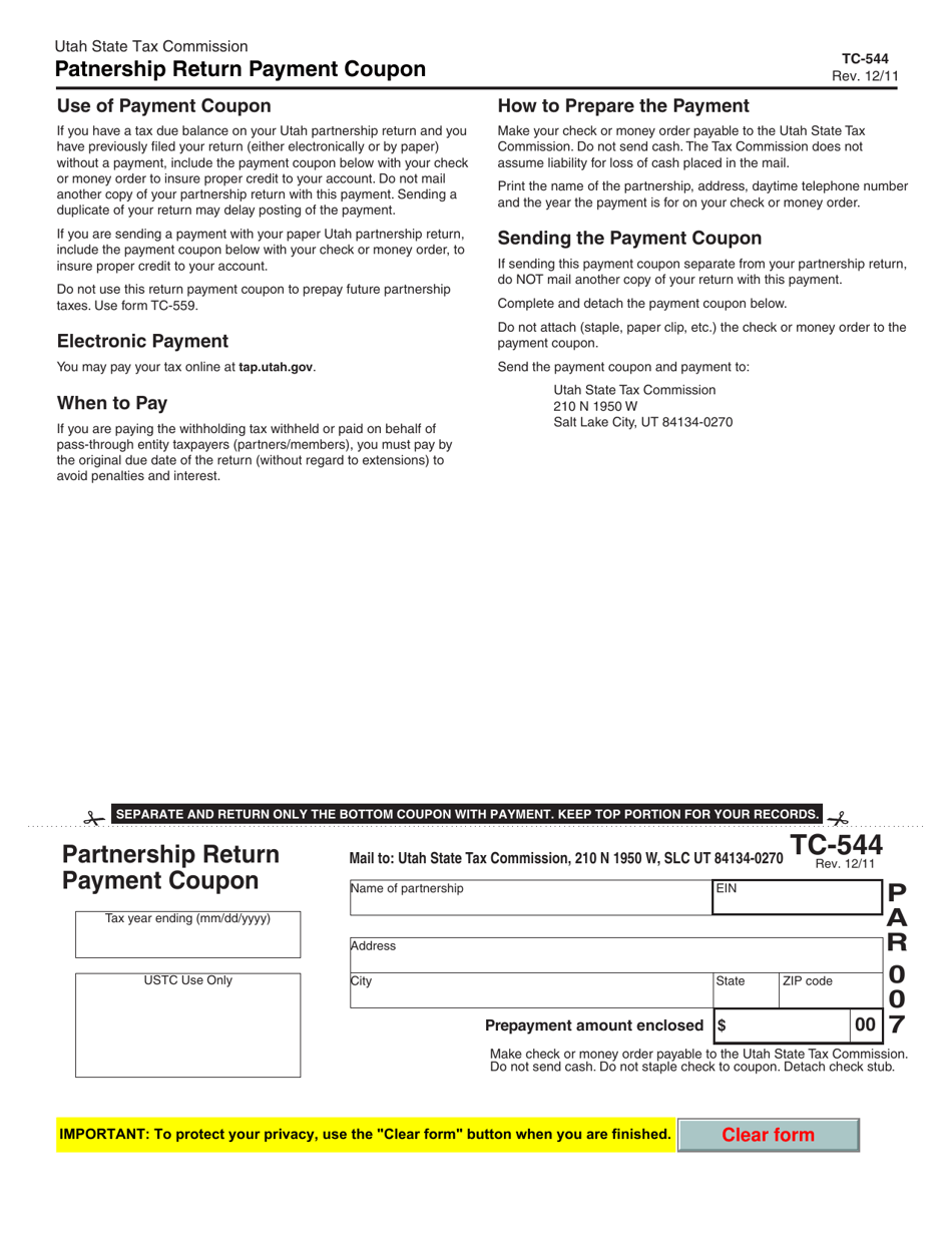 Form TC-544 Partnership Return Payment Coupon - Utah, Page 1